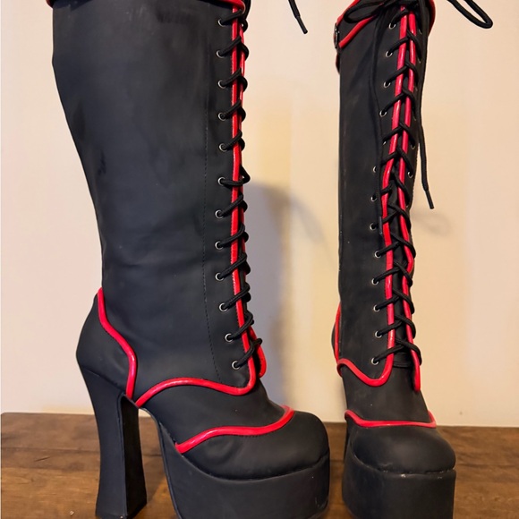 Black and Red Lace-Up & Zippered Platform Knee-High Boots - Picture 2 of 6